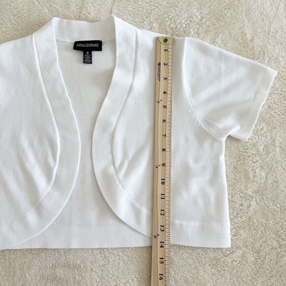 Nina Leonard Open-Front Crop Cardigan Size M White Short Sleeve Bolero Shrug - Picture 7 of 8